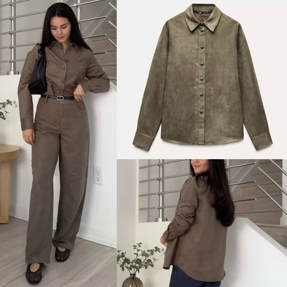 Zara NWT faux suede button front long sleeve top - olive green khaki color - Picture 1 of 7